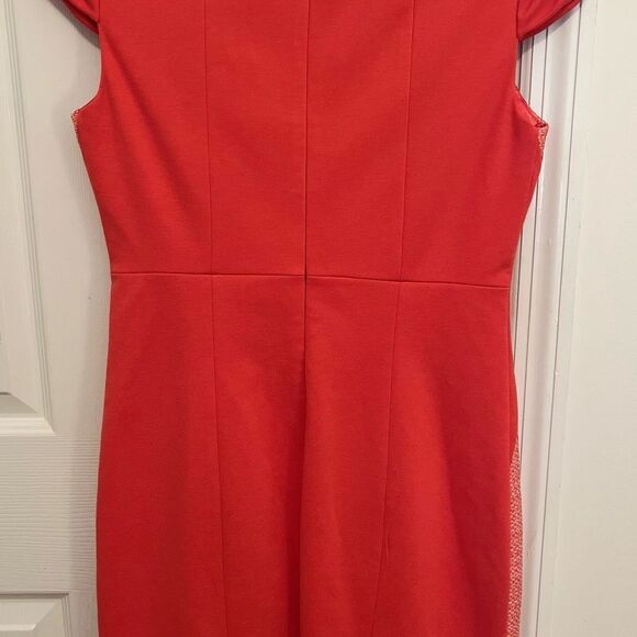 Coral Sheath Mini Dress with Puff Cap Sleeves and Cowl Neck - Picture 6 of 6